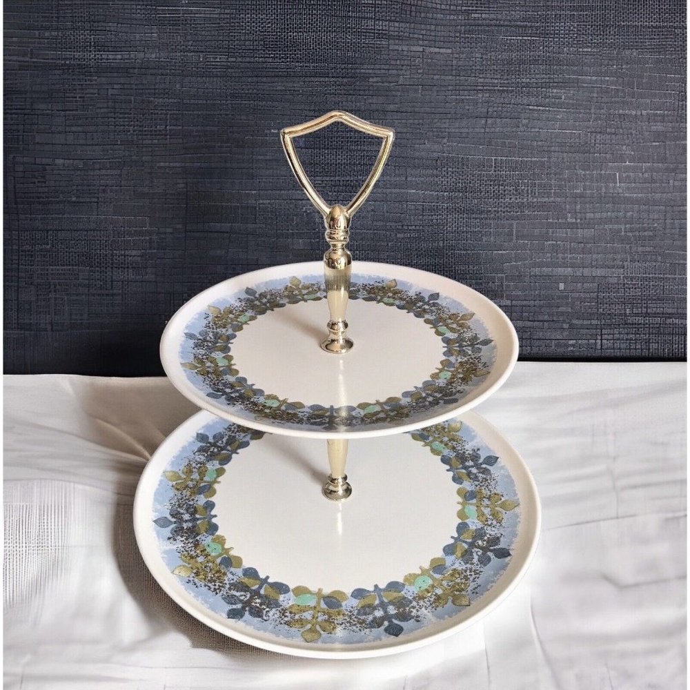 2 Tier Serving Tray MCM Vintage Lenox Melamine Blue Leaf Copper Metallic 10"